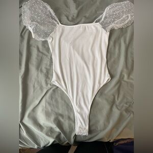 Altar'd State White Bodysuit with Sheer Polka Dot Sleeves